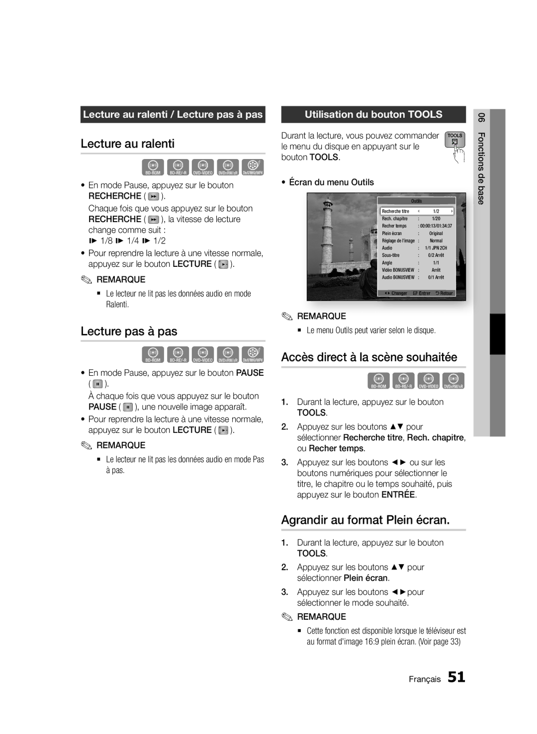 Samsung BD-D7500B/XN, BD-D7500/XN, BD-D7500/ZF Lecture au ralenti, Lecture pas à pas, Accès direct à la scène souhaitée 