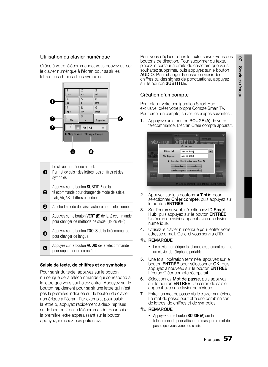 Samsung BD-D7500/XN, BD-D7500B/XN, BD-D7500/ZF, BD-D7500B/ZF manual Utilisation du clavier numérique, Création dun compte 