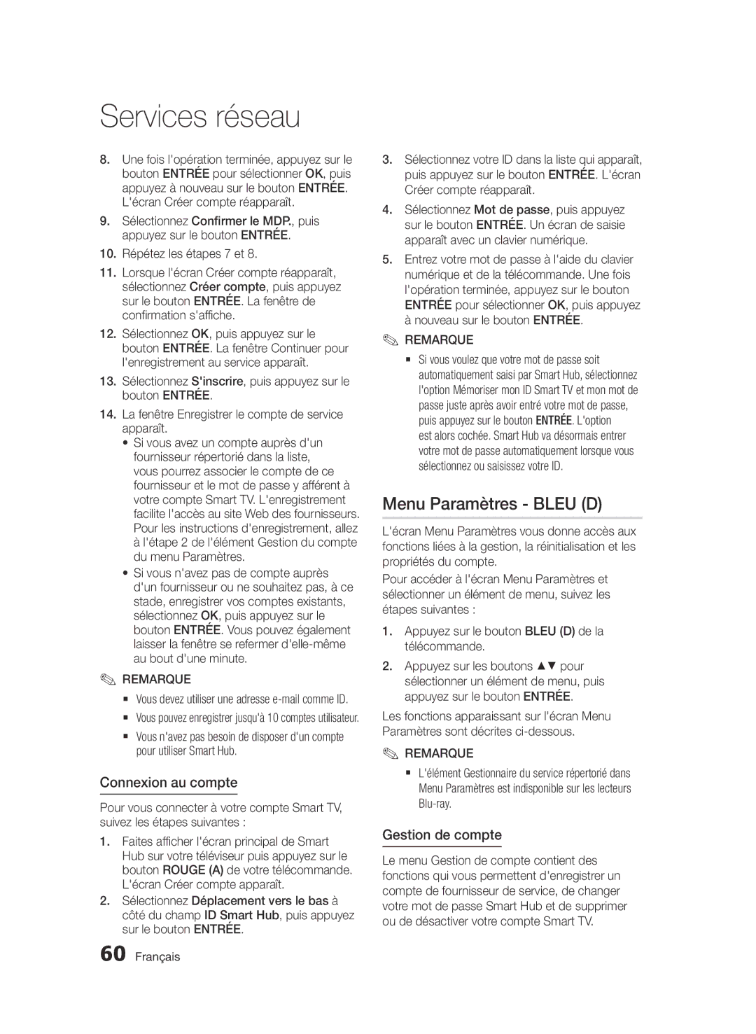 Samsung BD-D7500/ZF, BD-D7500B/XN Menu Paramètres Bleu D, Connexion au compte, Gestion de compte, Pour utiliser Smart Hub 