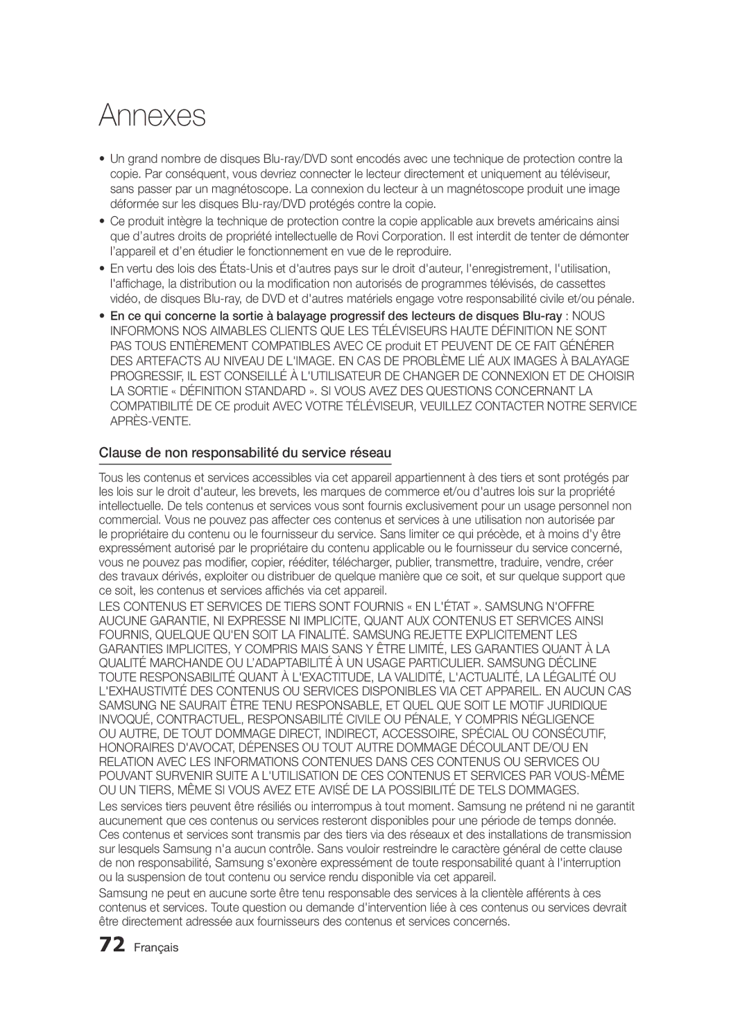 Samsung BD-D7500B/XN, BD-D7500/XN, BD-D7500/ZF, BD-D7500B/ZF, BD-D7500/EN manual Clause de non responsabilité du service réseau 