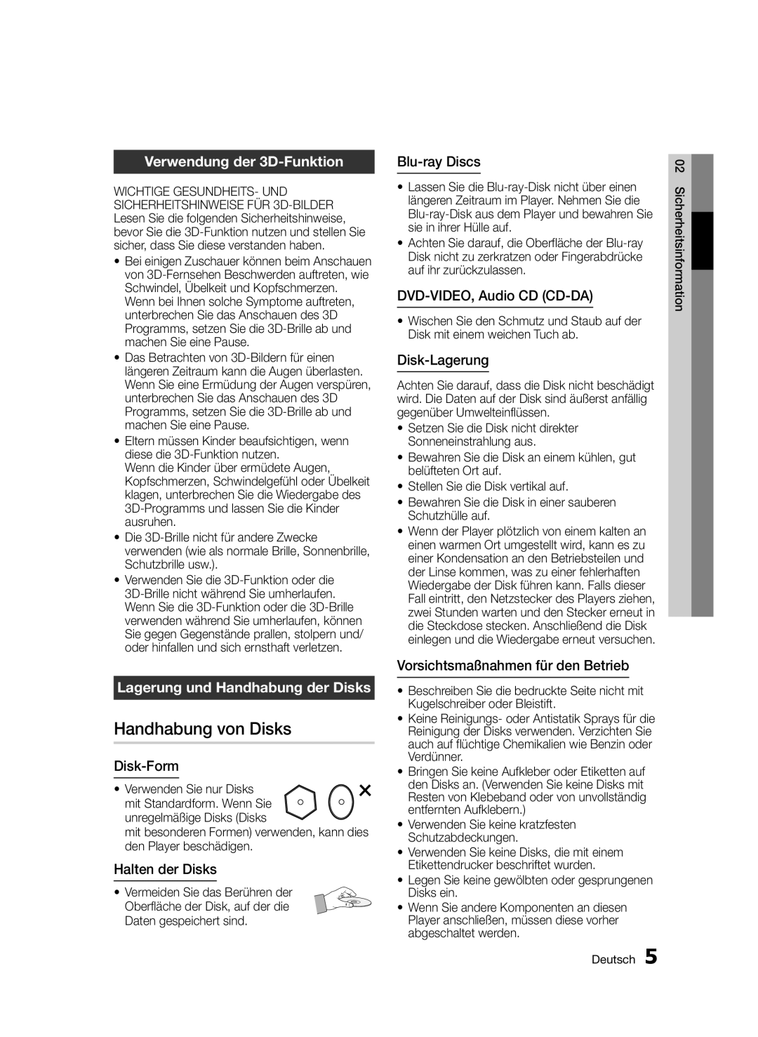 Samsung BD-D7500/ZF, BD-D7500B/XN manual Handhabung von Disks, Verwendung der 3D-Funktion, Lagerung und Handhabung der Disks 