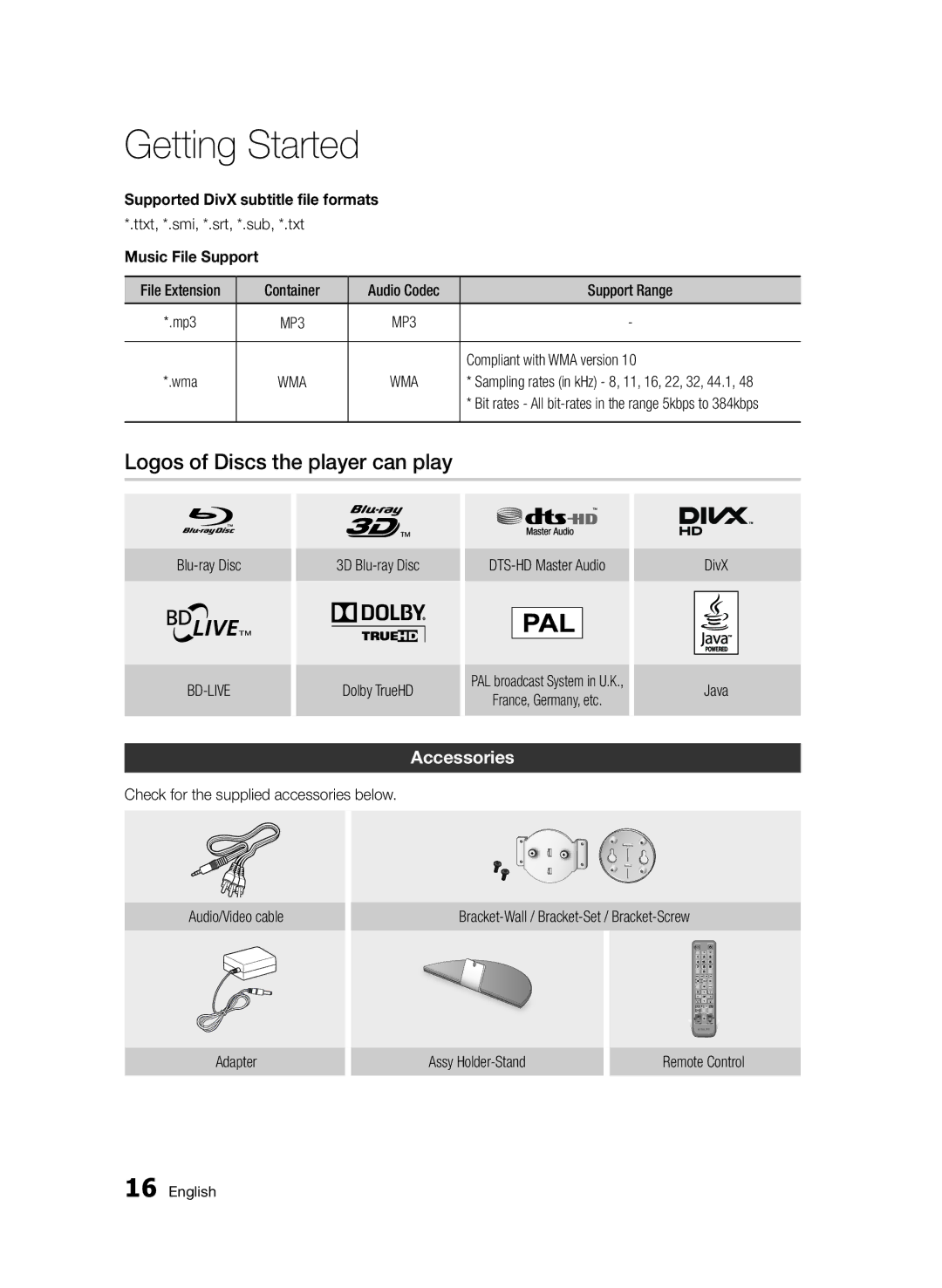 Samsung BD-D7500/ZF, BD-D7500B/XN Logos of Discs the player can play, Accessories, Supported DivX subtitle file formats 