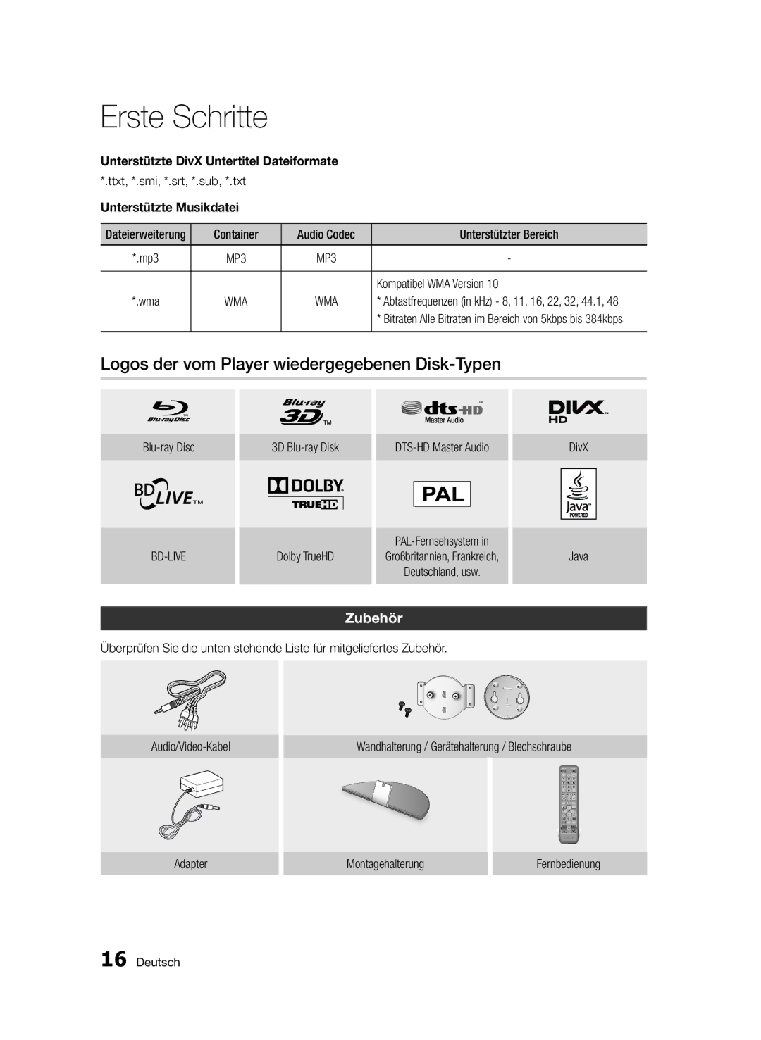 Samsung BD-D7500/XE Logos der vom Player wiedergegebenen Disk-Typen, Zubehör, Unterstützte DivX Untertitel Dateiformate 