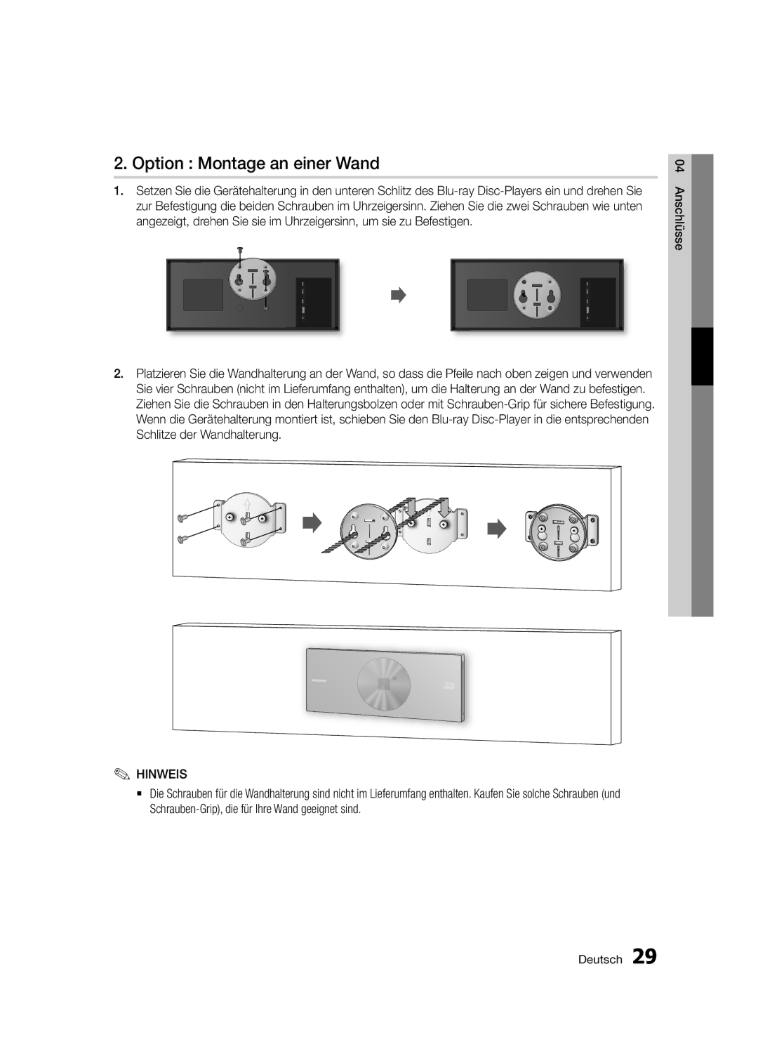 Samsung BD-D7500B/XE, BD-D7500B/XN, BD-D7500/XN, BD-D7500/ZF, BD-D7500B/ZF, BD-D7500/EN manual Option Montage an einer Wand 