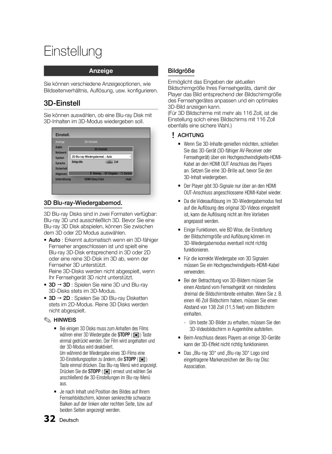 Samsung BD-D7500/XN, BD-D7500B/XN, BD-D7500/ZF, BD-D7500B/ZF manual 3D-Einstell, Anzeige, 3D Blu-ray-Wiedergabemod, Bildgröße 