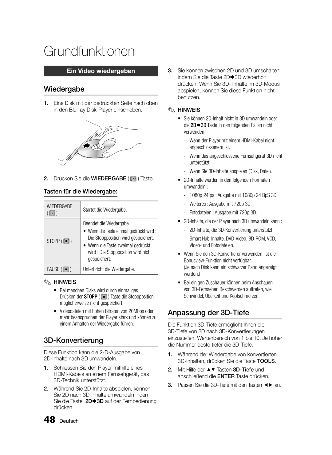 Samsung BD-D7500B/ZF manual Grundfunktionen, Wiedergabe, 3D-Konvertierung, Anpassung der 3D-Tiefe, Ein Video wiedergeben 