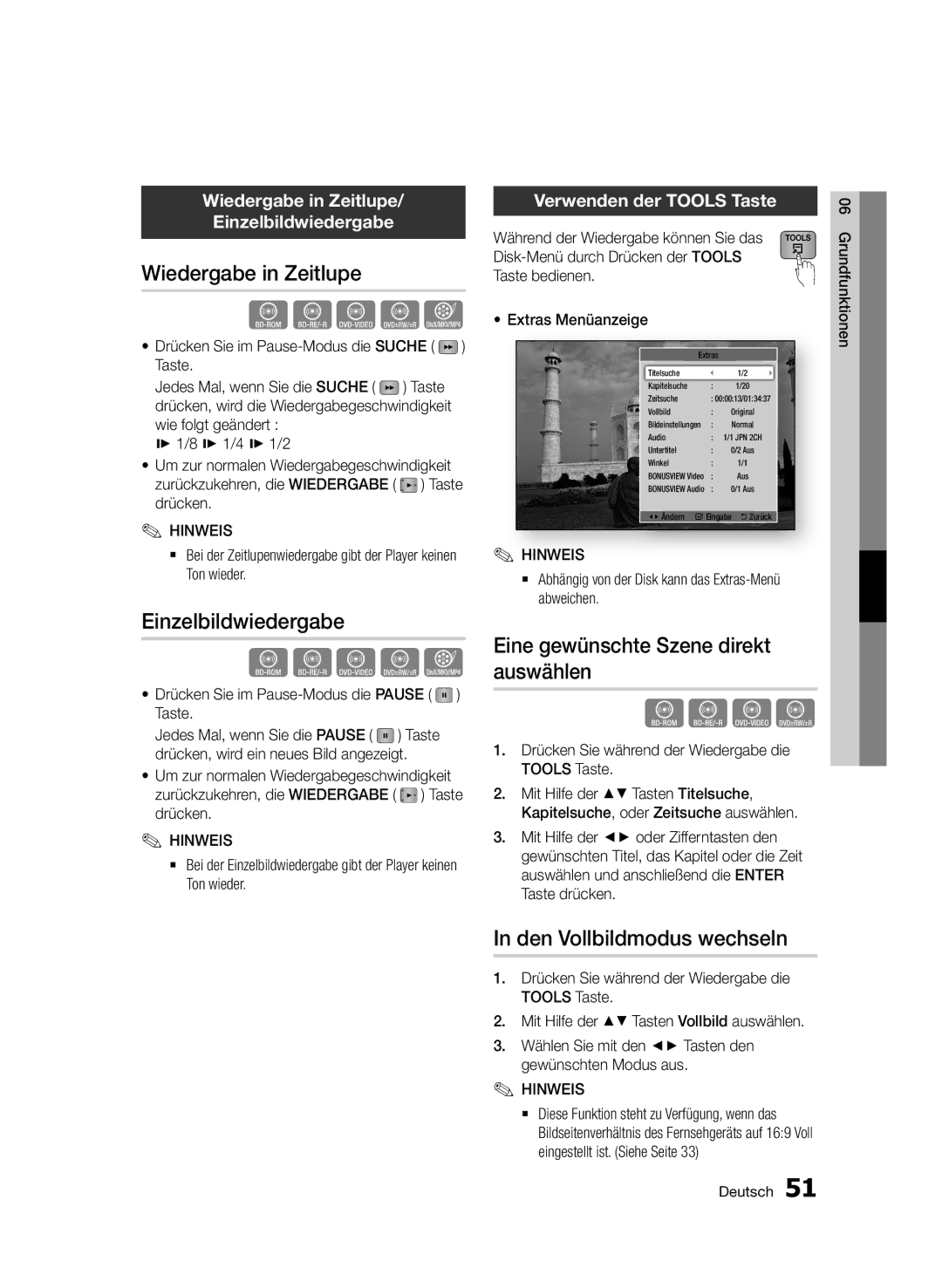 Samsung BD-D7500/XE, BD-D7500B/XN Wiedergabe in Zeitlupe, Einzelbildwiedergabe, Eine gewünschte Szene direkt auswählen 