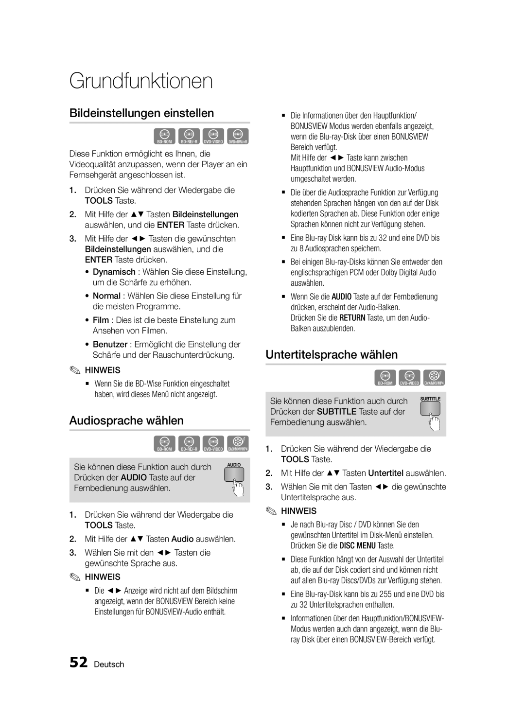 Samsung BD-D7500B/XN, BD-D7500/XN, BD-D7500/ZF Bildeinstellungen einstellen, Audiosprache wählen, Untertitelsprache wählen 