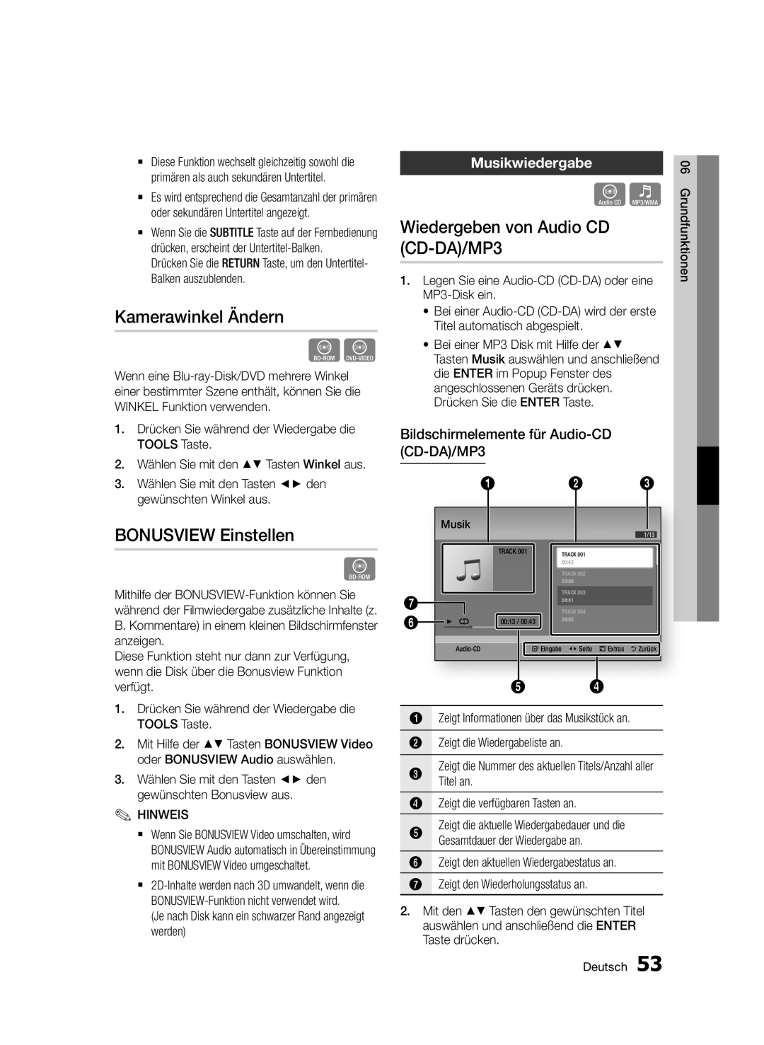 Samsung BD-D7500/XN manual Kamerawinkel Ändern, Bonusview Einstellen, Wiedergeben von Audio CD CD-DA/MP3, Musikwiedergabe 