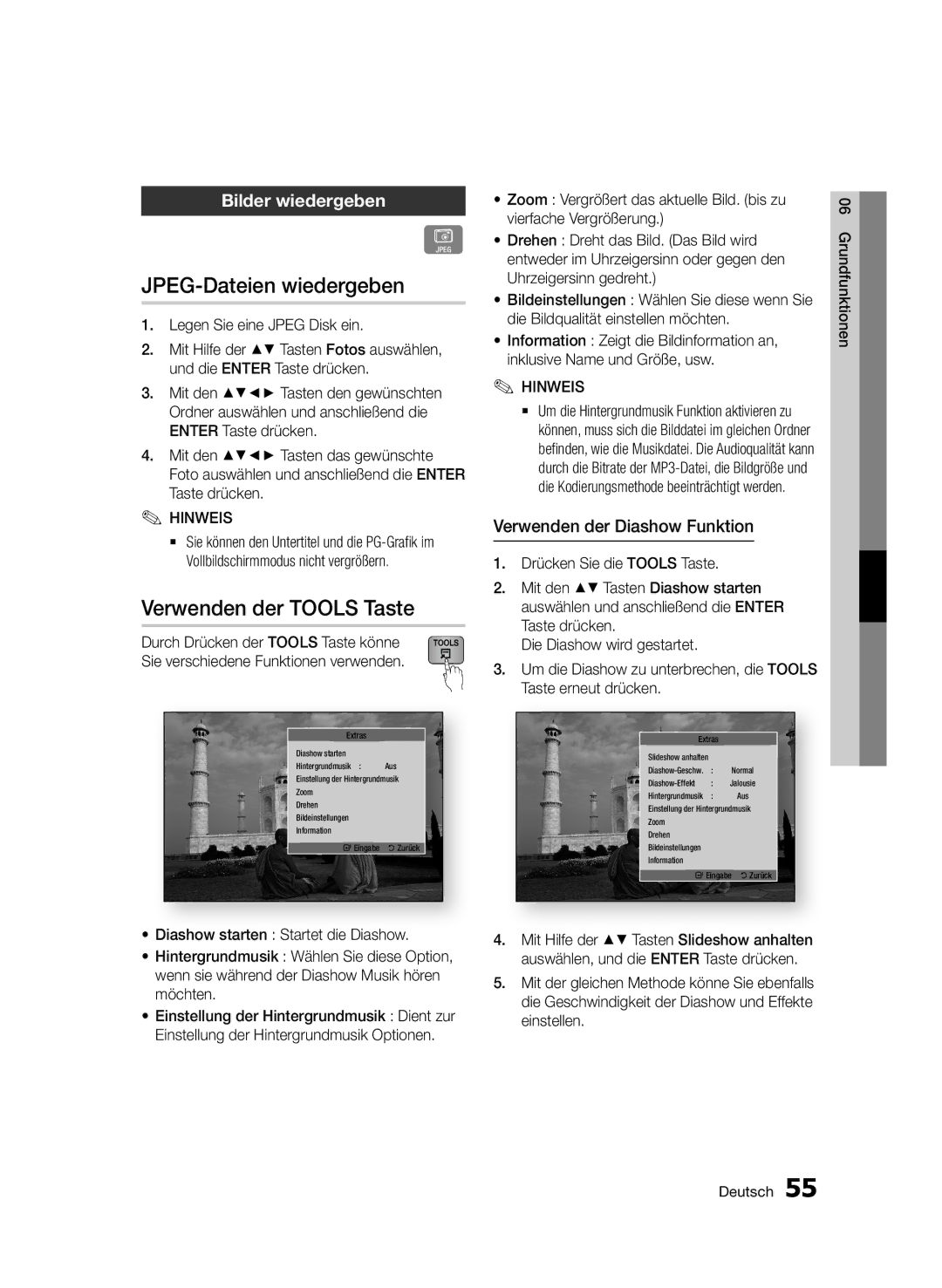 Samsung BD-D7500B/ZF JPEG-Dateien wiedergeben, Verwenden der Tools Taste, Bilder wiedergeben, Legen Sie eine Jpeg Disk ein 