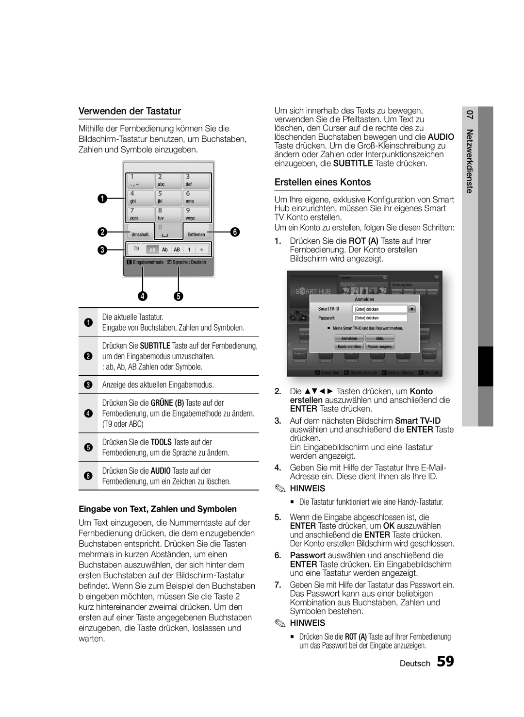 Samsung BD-D7500B/XN, BD-D7500/XN, BD-D7500/ZF, BD-D7500B/ZF, BD-D7500/EN manual Verwenden der Tastatur, Erstellen eines Kontos 