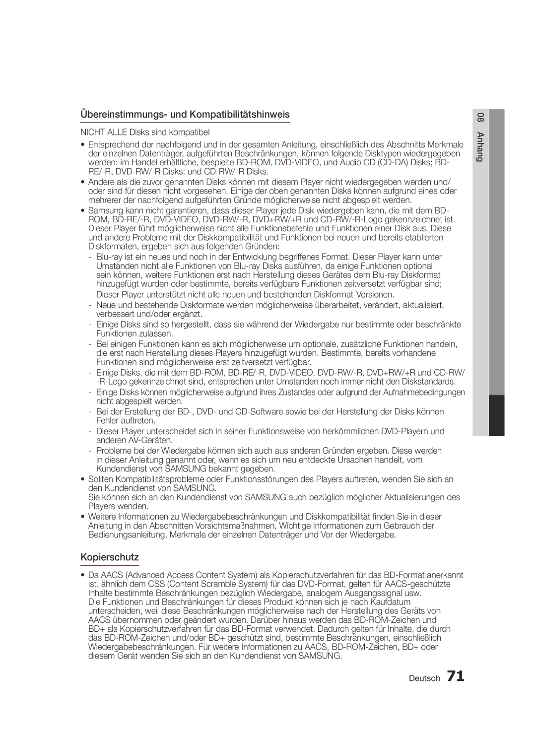 Samsung BD-D7500B/XE, BD-D7500B/XN, BD-D7500/XN, BD-D7500/ZF manual Übereinstimmungs- und Kompatibilitätshinweis, Kopierschutz 