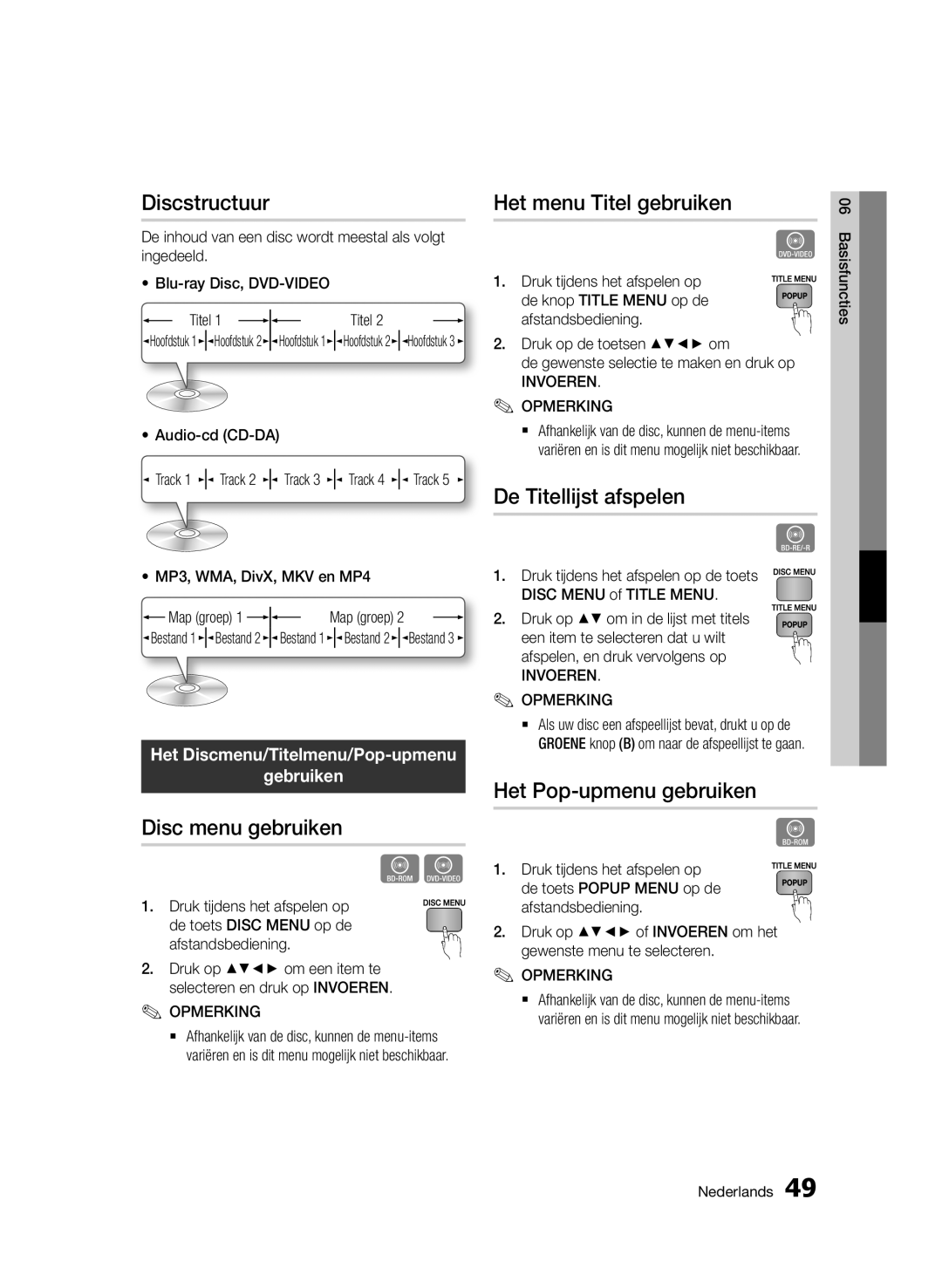 Samsung BD-D7500B/ZF, BD-D7500B/XN Discstructuur, Disc menu gebruiken, Het menu Titel gebruiken, De Titellijst afspelen 