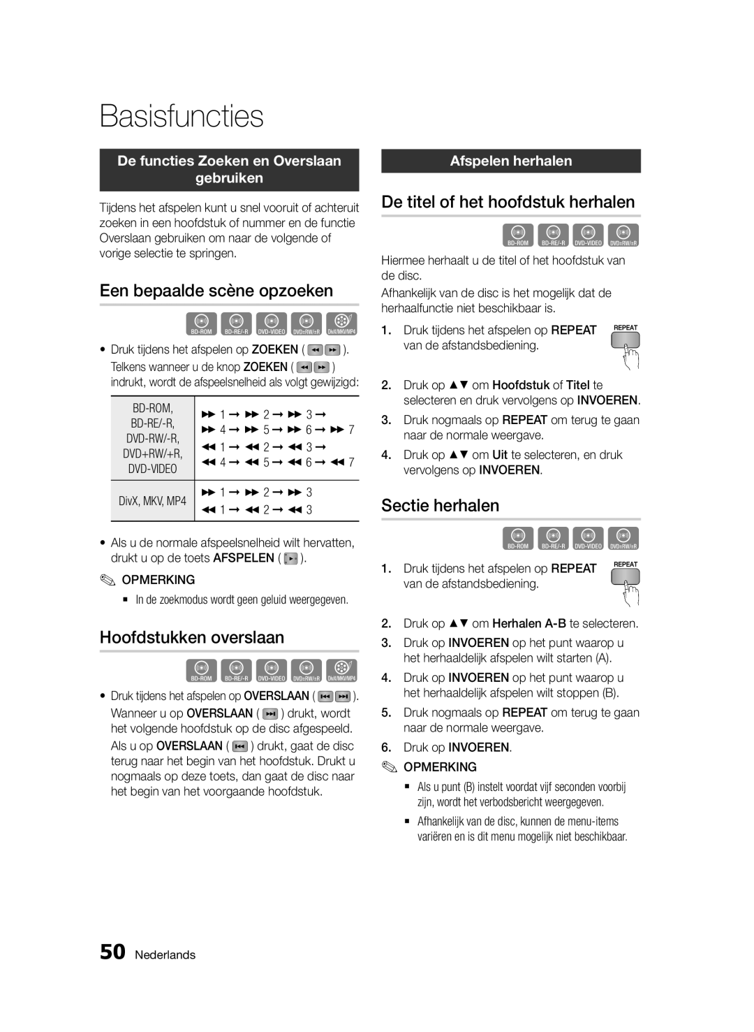 Samsung BD-D7500/EN, BD-D7500B/XN Een bepaalde scène opzoeken, Hoofdstukken overslaan, De titel of het hoofdstuk herhalen 