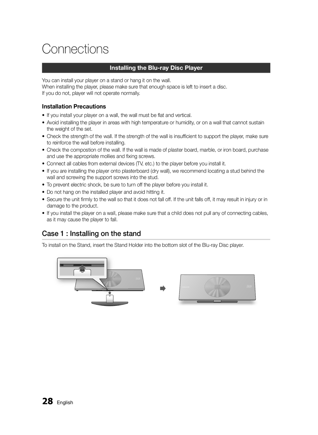 Samsung BD-D7500B/XN manual Case 1 Installing on the stand, Installing the Blu-ray Disc Player, Installation Precautions 