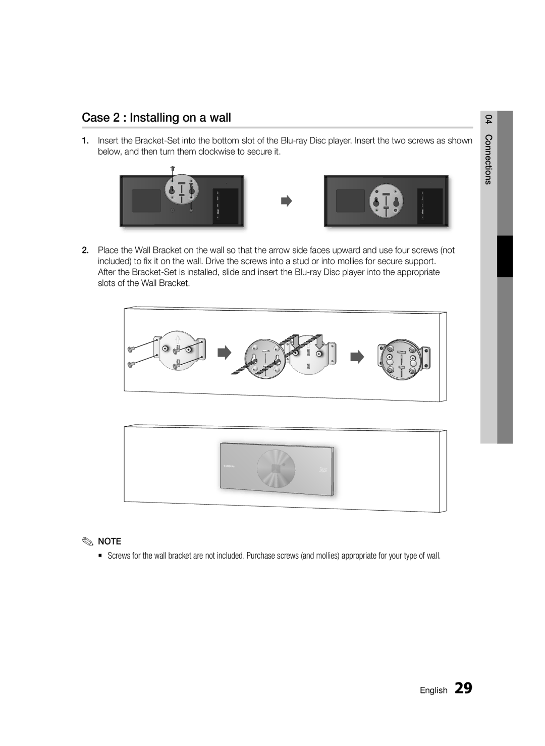 Samsung BD-D7500/XN, BD-D7500B/XN, BD-D7500/ZF, BD-D7500B/ZF, BD-D7500/EN, BD-D7500B/XE manual Case 2 Installing on a wall 