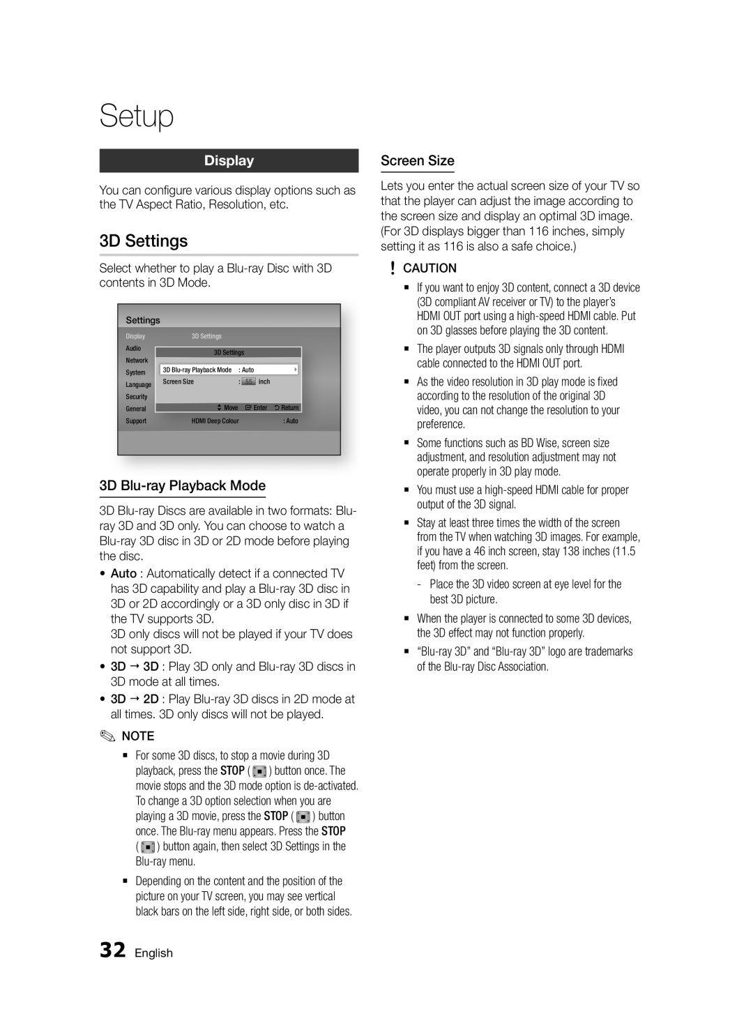 Samsung BD-D7500/EN, BD-D7500B/XN, BD-D7500/XN 3D Settings, Display, 3D Blu-ray Playback Mode, Screen Size, Blu-ray menu 