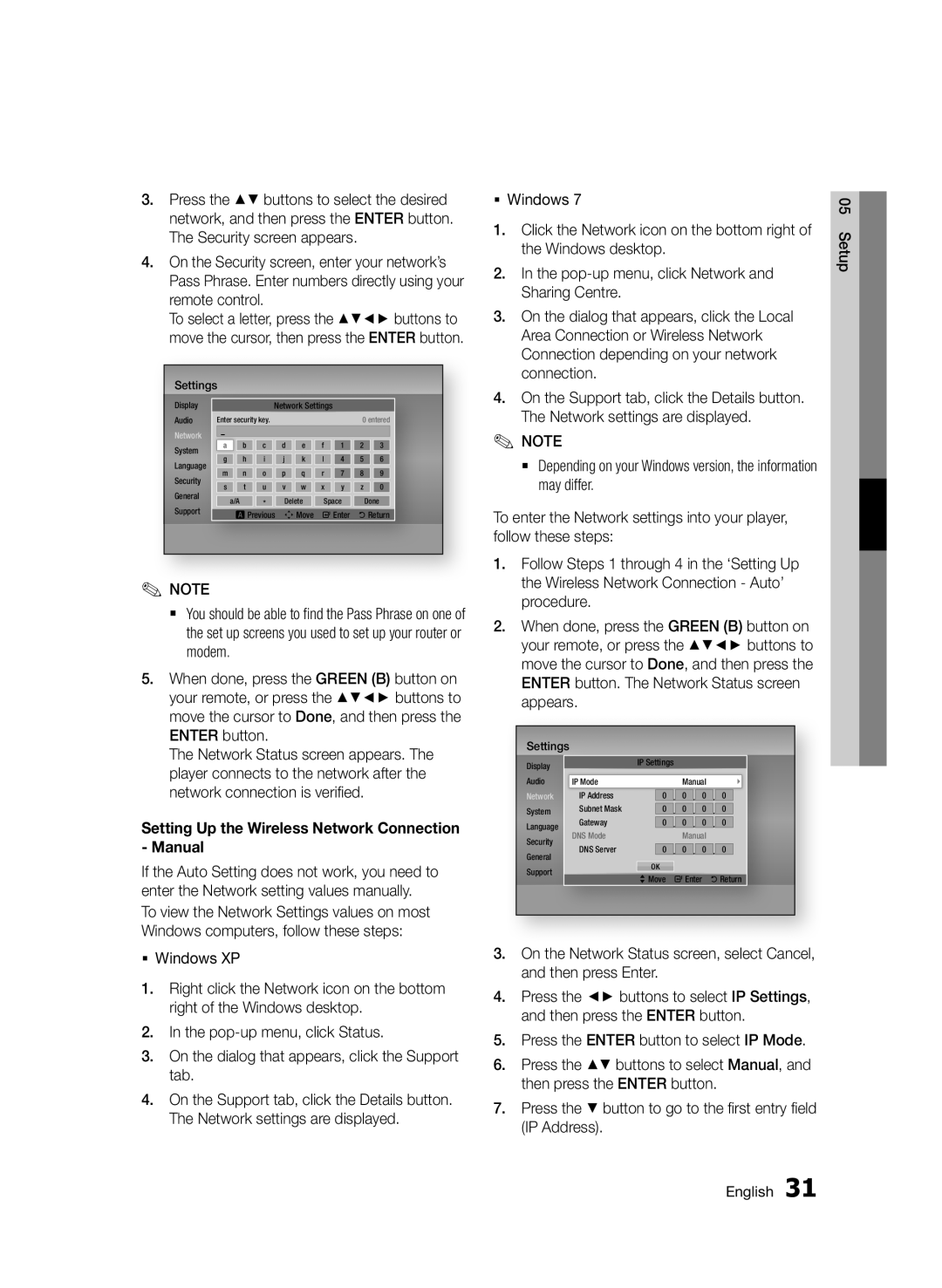 Samsung BD-D7500/XE, BD-D7500B/XN, BD-D7500/XN, BD-D7500/ZF, BD-D7500B/ZF Setting Up the Wireless Network Connection Manual 