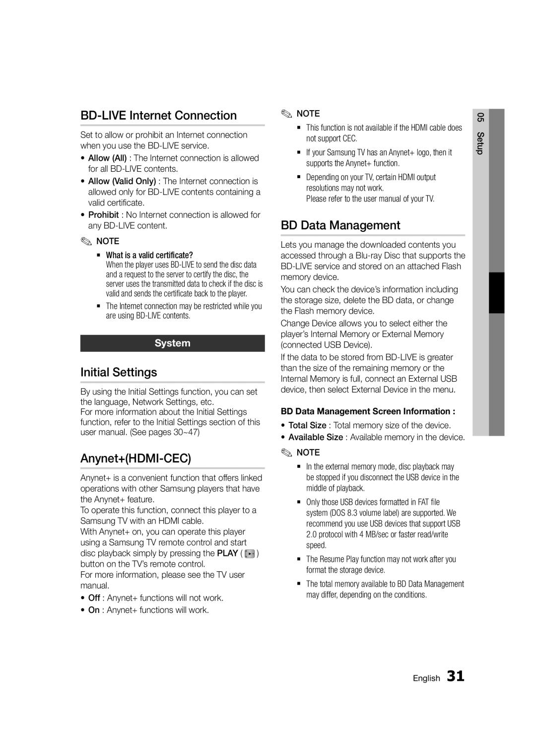 Samsung BD-D7500/XN manual BD-LIVE Internet Connection, Initial Settings, Anynet+HDMI-CEC, BD Data Management, System 