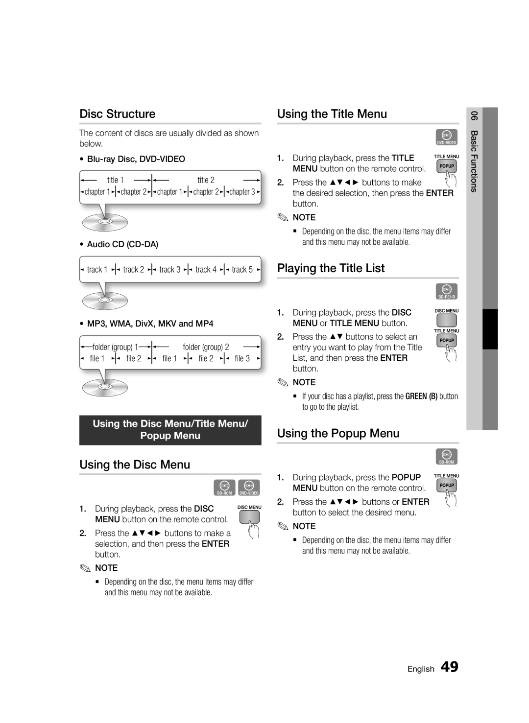 Samsung BD-D7500B/XN, BD-D7500/XN manual Disc Structure, Using the Disc Menu, Using the Title Menu, Playing the Title List 