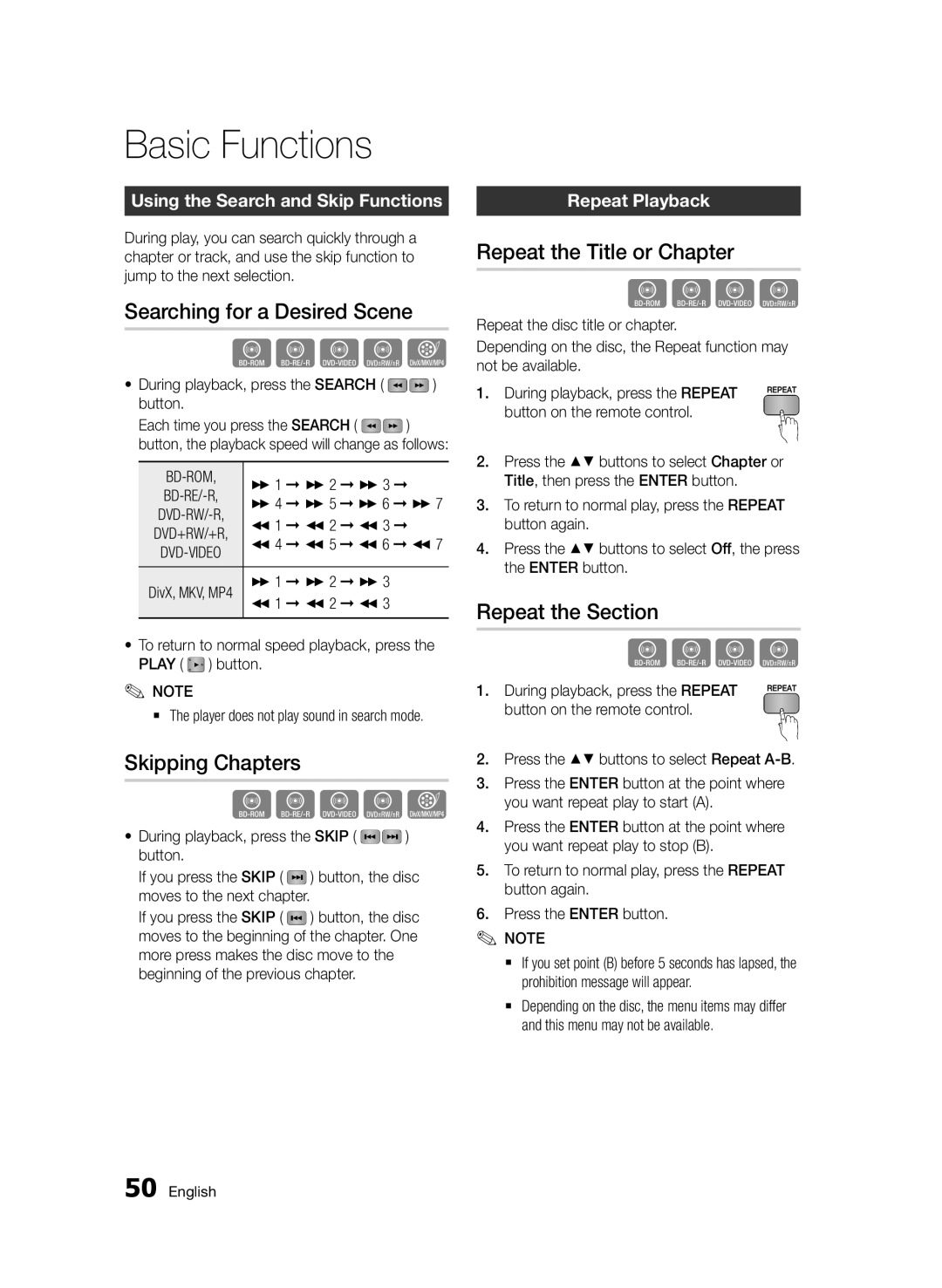 Samsung BD-D7500/XN Searching for a Desired Scene, Skipping Chapters, Repeat the Title or Chapter, Repeat the Section 