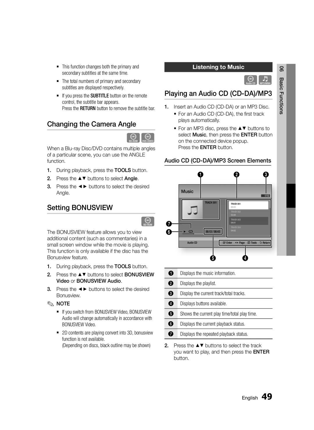 Samsung BD-D7500/EN manual Changing the Camera Angle, Setting Bonusview, Playing an Audio CD CD-DA/MP3, Listening to Music 