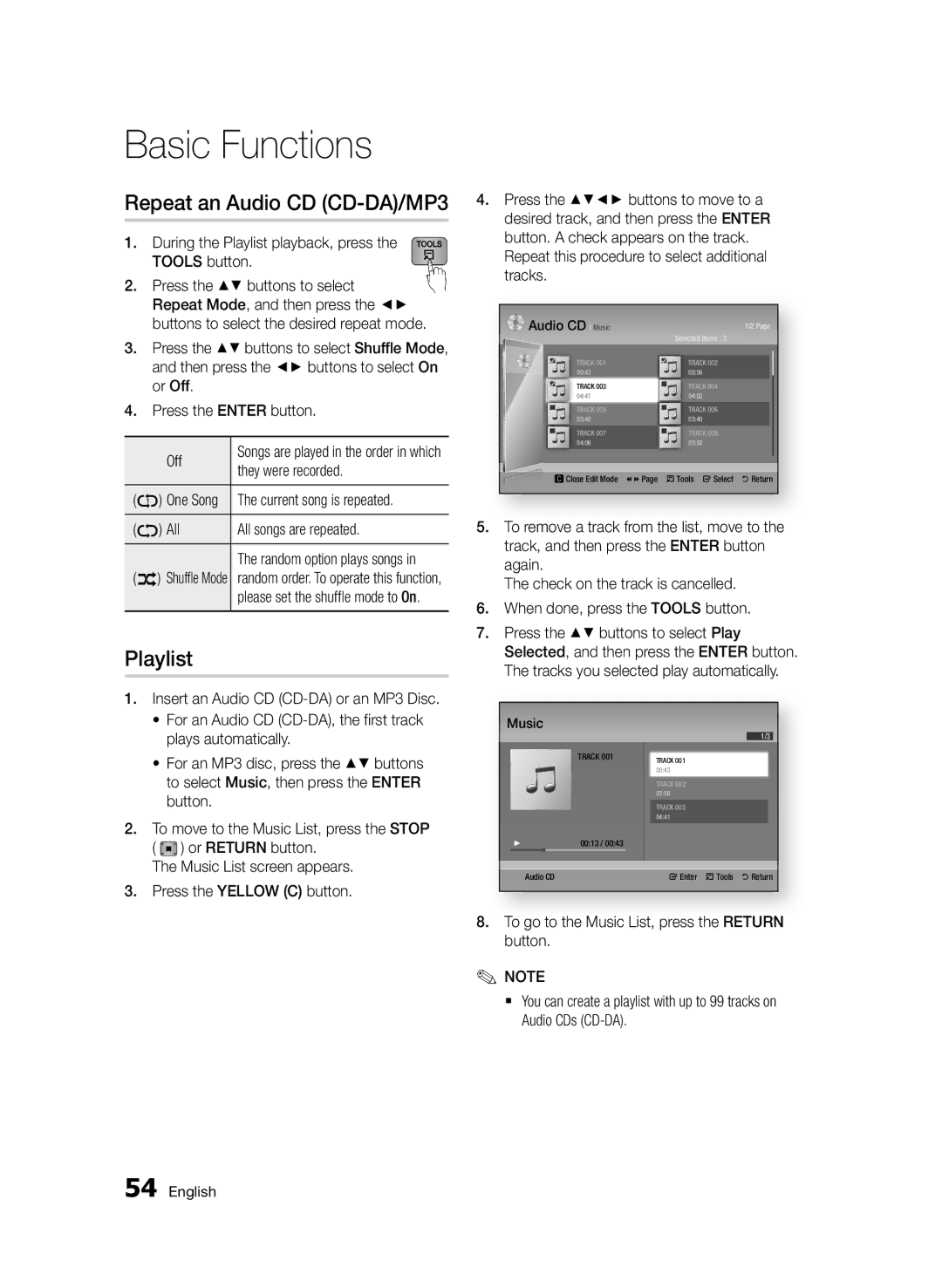 Samsung BD-D7500B/XE, BD-D7500B/XN, BD-D7500/XN, BD-D7500/ZF, BD-D7500B/ZF, BD-D7500/EN Repeat an Audio CD CD-DA/MP3, Playlist 