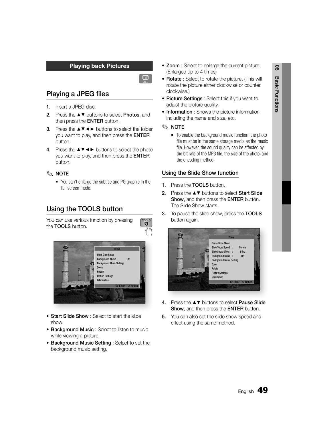 Samsung BD-D7500/XE Playing a Jpeg files, Using the Tools button, Playing back Pictures, Using the Slide Show function 