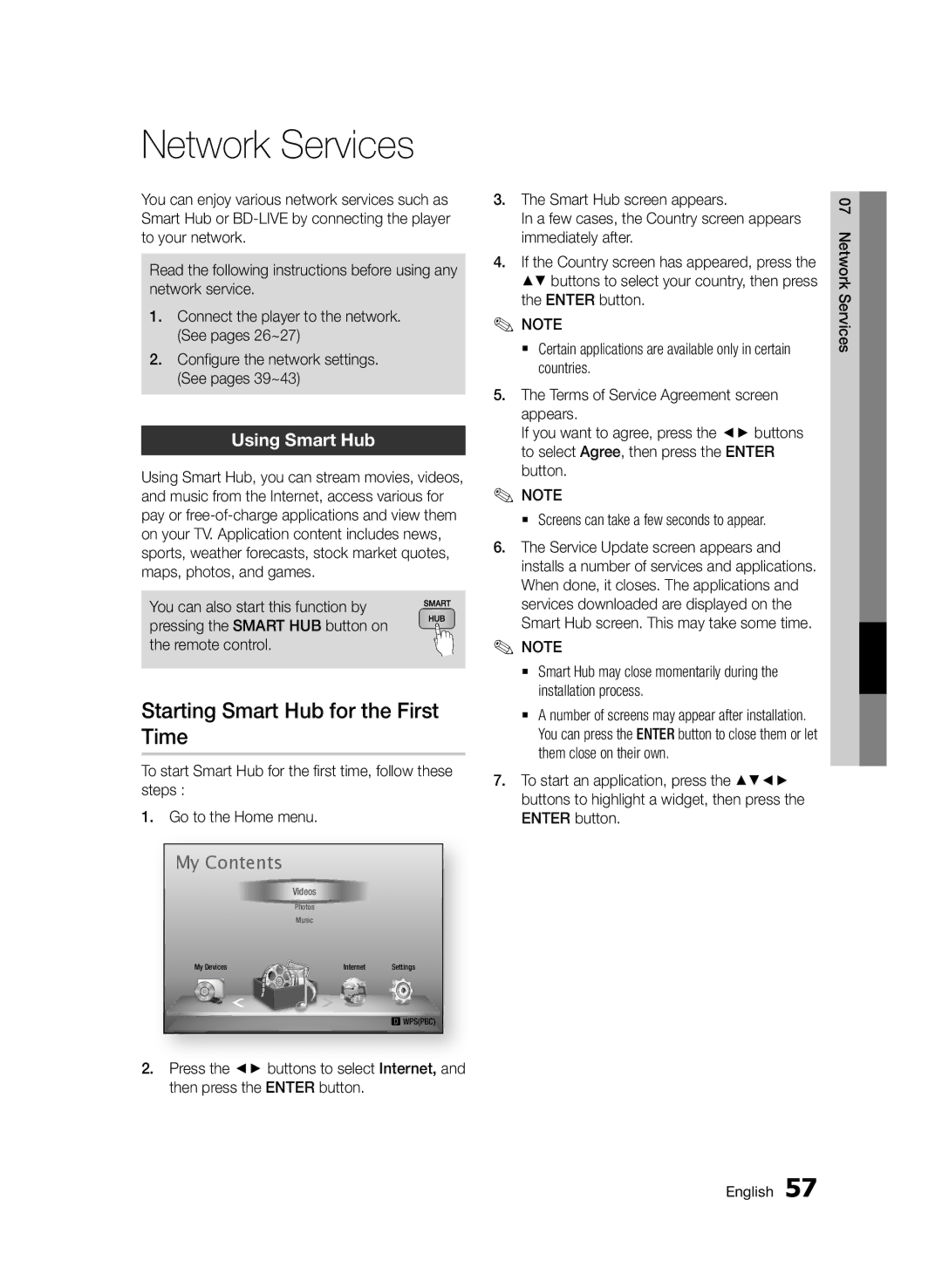 Samsung BD-D7500/XN, BD-D7500B/XN, BD-D7500/ZF Network Services, Starting Smart Hub for the First Time, Using Smart Hub 