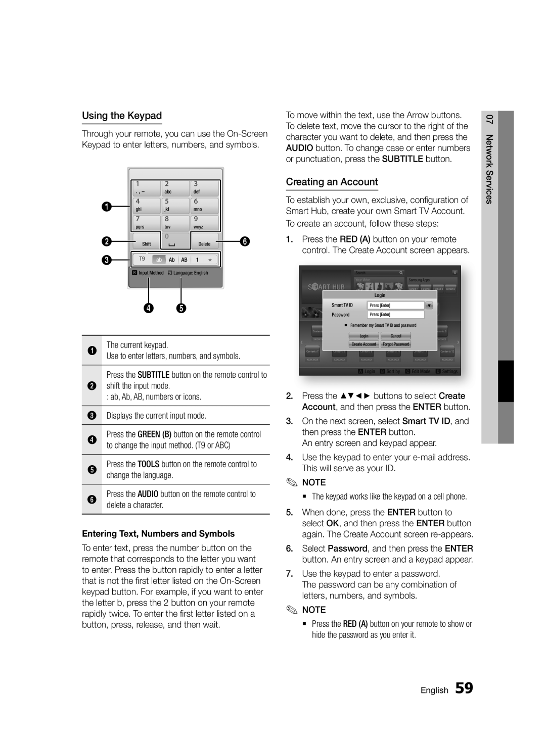 Samsung BD-D7500B/ZF, BD-D7500B/XN, BD-D7500/XN Using the Keypad, Creating an Account, Entering Text, Numbers and Symbols 