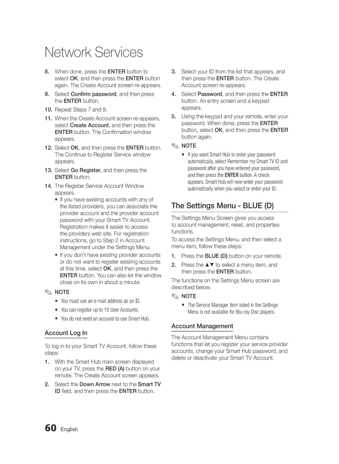 Samsung BD-D7500/EN Settings Menu Blue D, Account Log, Account Management, `` You do not need an account to use Smart Hub 