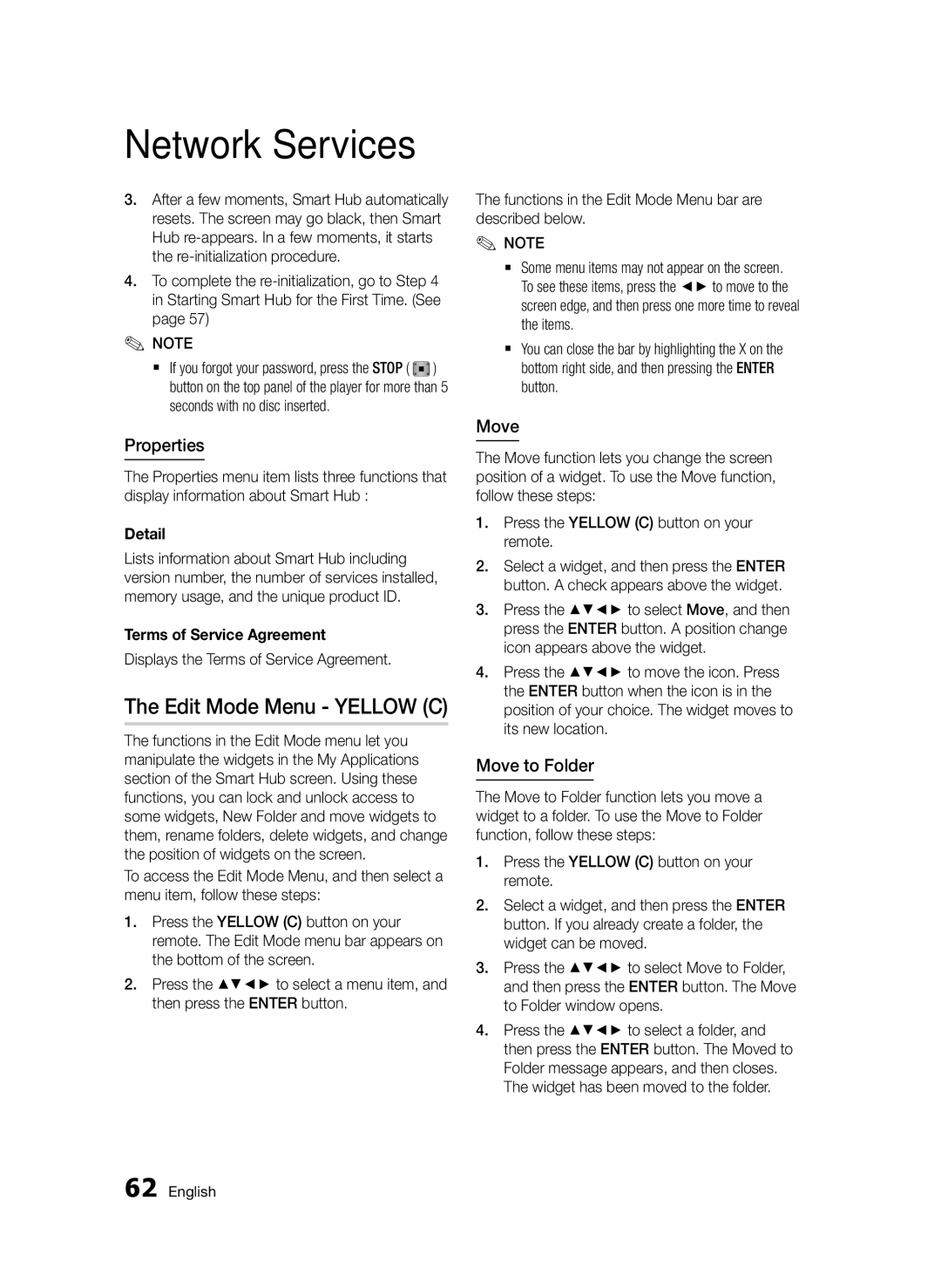 Samsung BD-D7500/XE, BD-D7500B/XN, BD-D7500/XN, BD-D7500/ZF manual Edit Mode Menu Yellow C, Properties, Move to Folder 