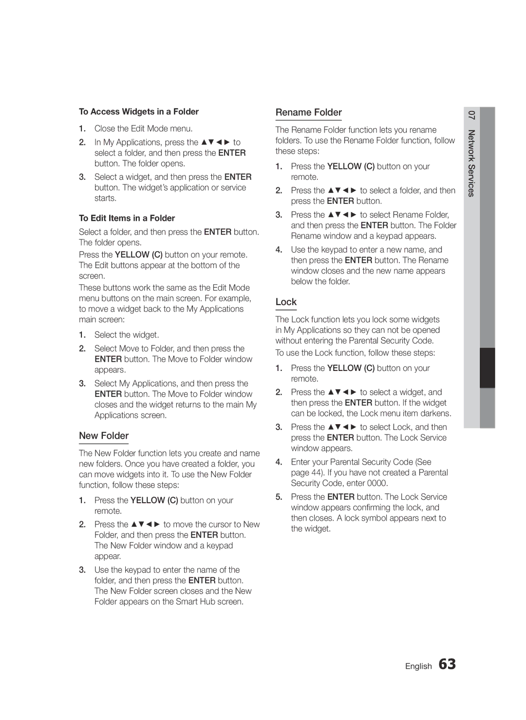 Samsung BD-D7500B/XN manual New Folder, Rename Folder, Lock, To Access Widgets in a Folder, To Edit Items in a Folder 