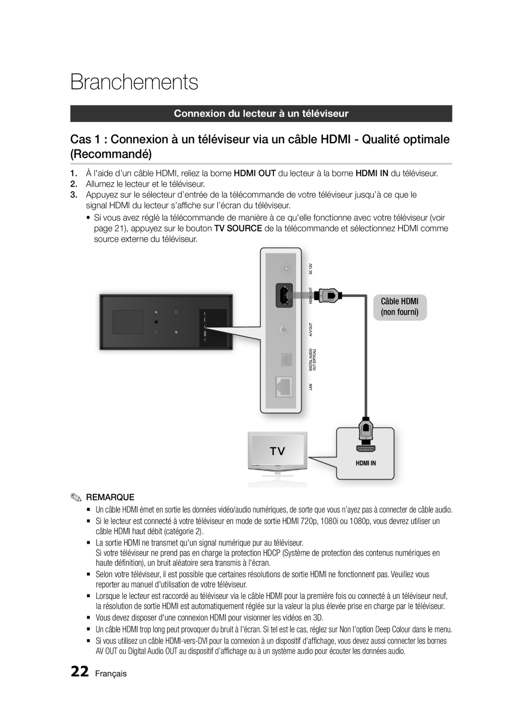 Samsung BD-D7500/XE, BD-D7500B/XN, BD-D7500/XN, BD-D7500/ZF, BD-D7500B/ZF Branchements, Connexion du lecteur à un téléviseur 