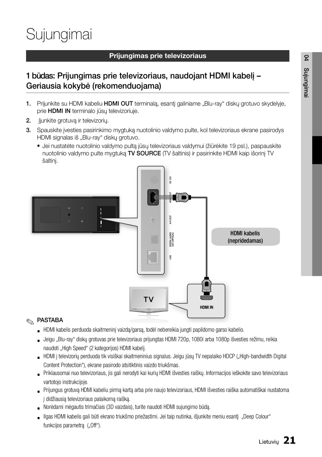 Samsung BD-D7500/EN manual Sujungimai, Prijungimas prie televizoriaus 