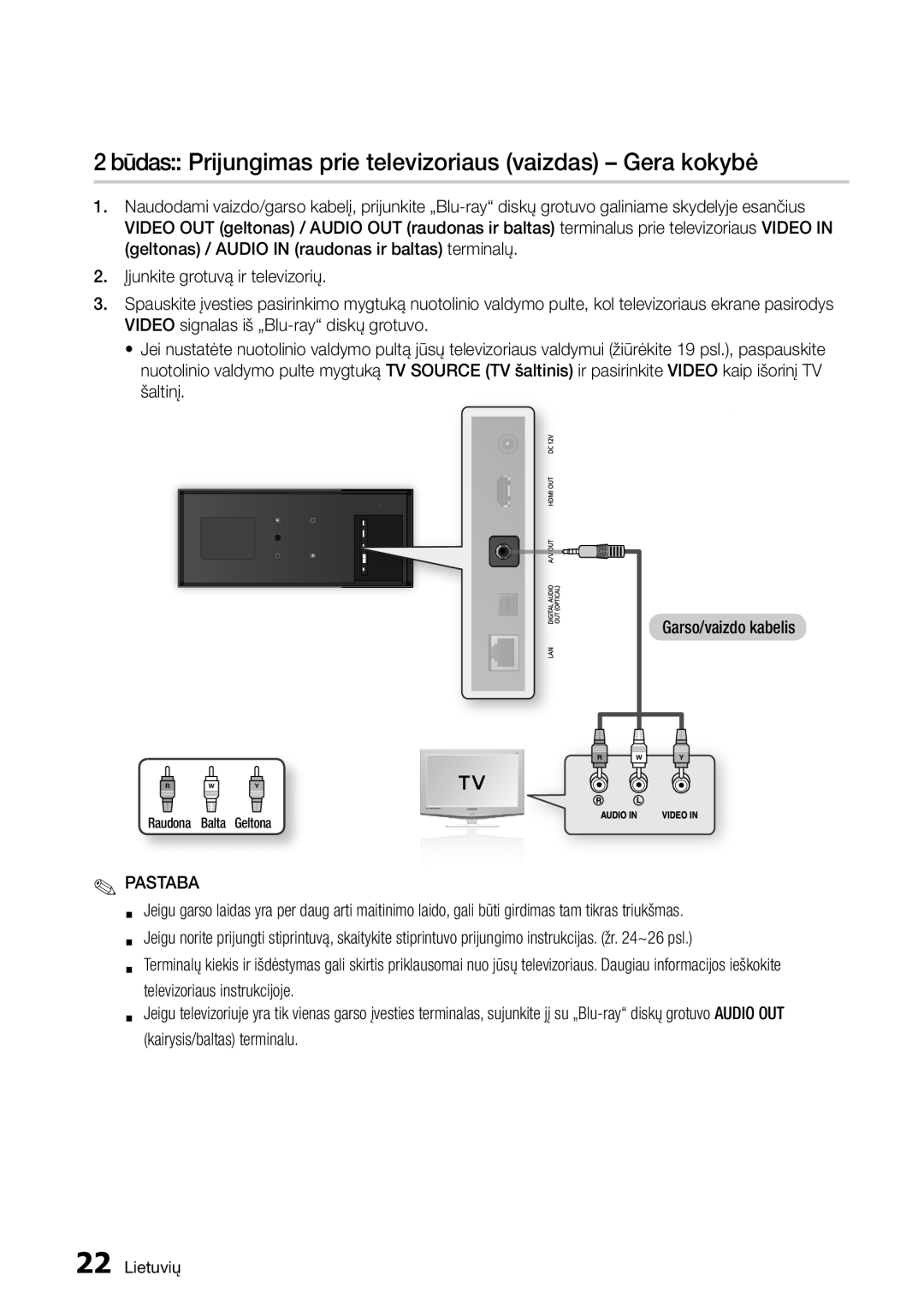 Samsung BD-D7500/EN manual Būdas Prijungimas prie televizoriaus vaizdas Gera kokybė, Kairysis/baltas terminalu 