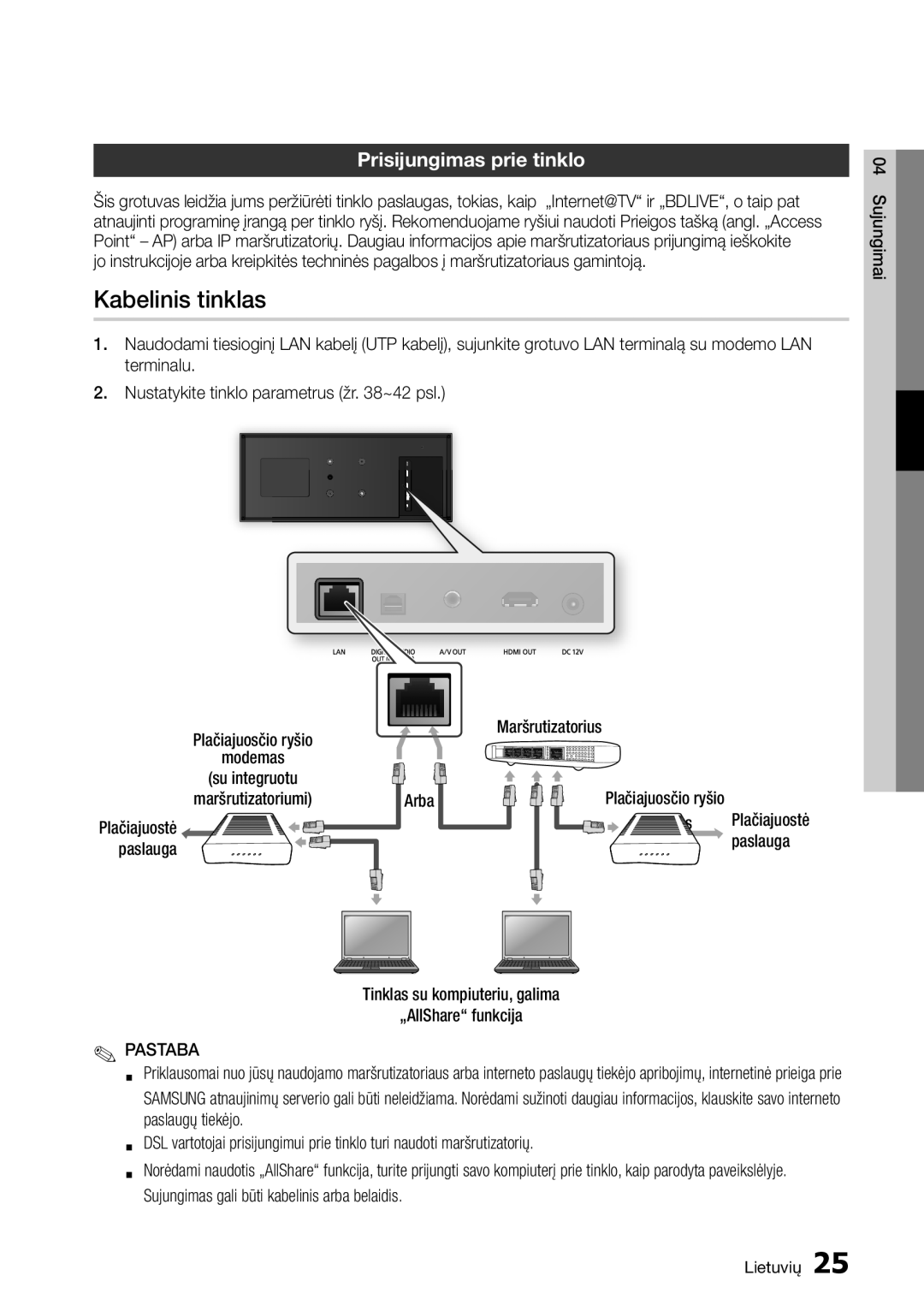 Samsung BD-D7500/EN manual Kabelinis tinklas, Prisijungimas prie tinklo 