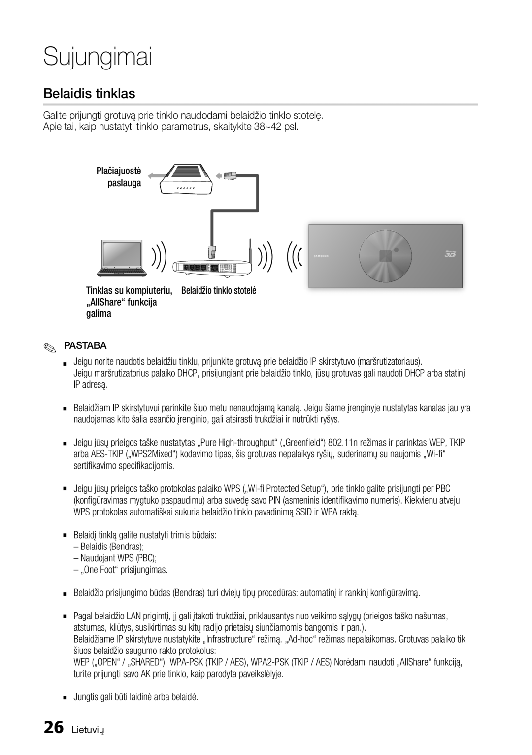 Samsung BD-D7500/EN manual Belaidis tinklas, Jungtis gali būti laidinė arba belaidė 