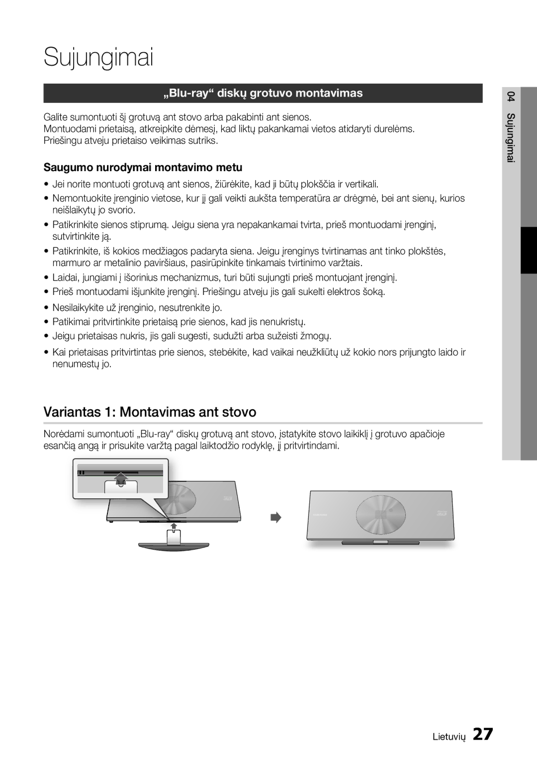 Samsung BD-D7500/EN manual Variantas 1 Montavimas ant stovo, „Blu-ray diskų grotuvo montavimas 