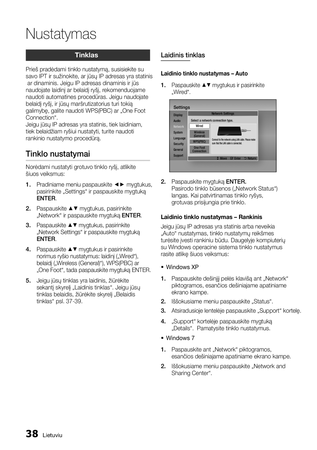 Samsung BD-D7500/EN manual Tinklo nustatymai, Tinklas, Laidinis tinklas, Laidinio tinklo nustatymas Auto 