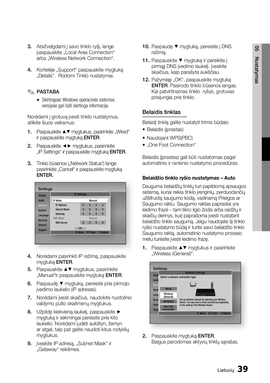 Samsung BD-D7500/EN manual Belaidis tinklas, Norėdami pasirinkti IP režimą, paspauskite mygtuką Enter 