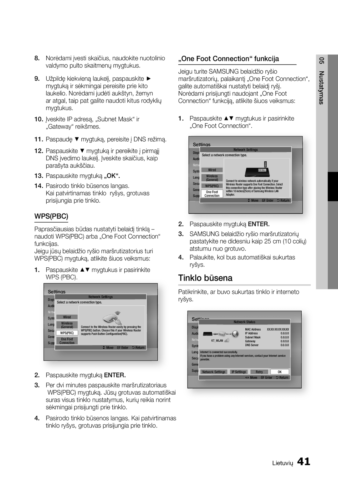 Samsung BD-D7500/EN manual Tinklo būsena, „One Foot Connection funkcija, Paspauskite mygtuką Enter 