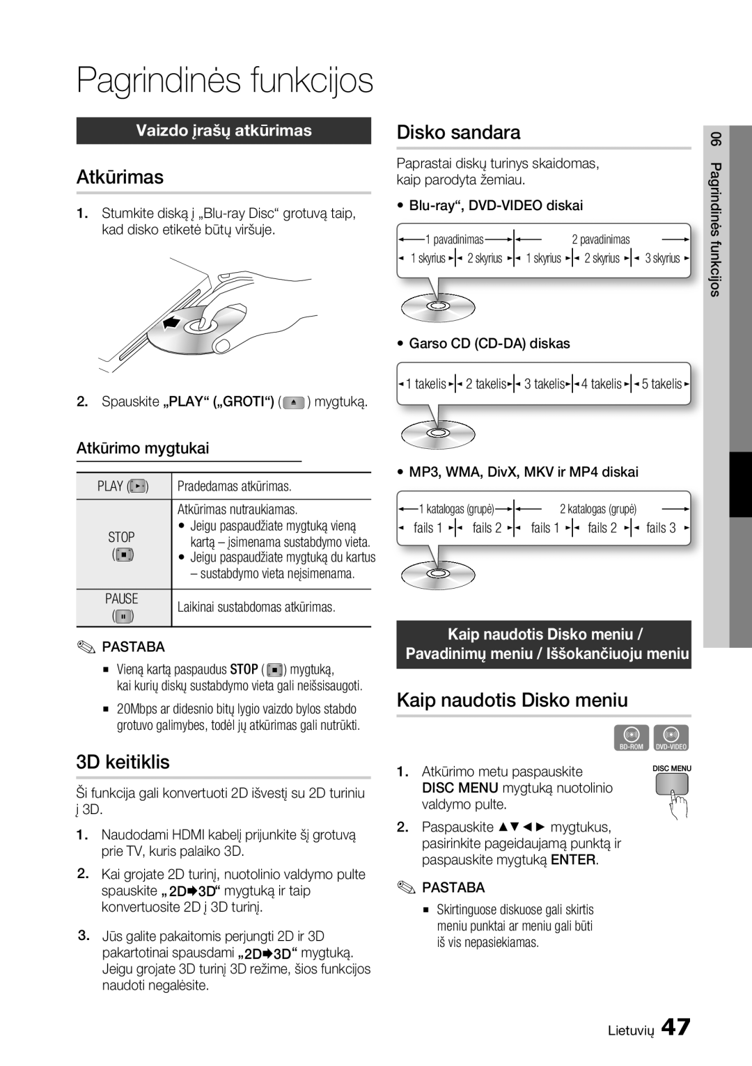 Samsung BD-D7500/EN manual Atkūrimas, Disko sandara, 3D keitiklis, Kaip naudotis Disko meniu, Vaizdo įrašų atkūrimas 