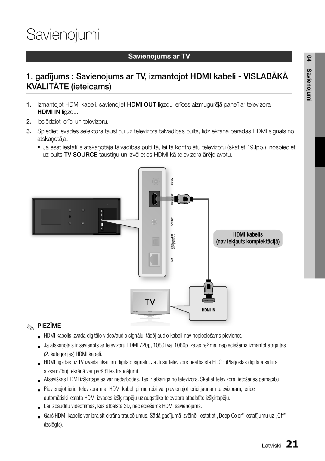 Samsung BD-D7500/EN manual Savienojumi, Savienojums ar TV 