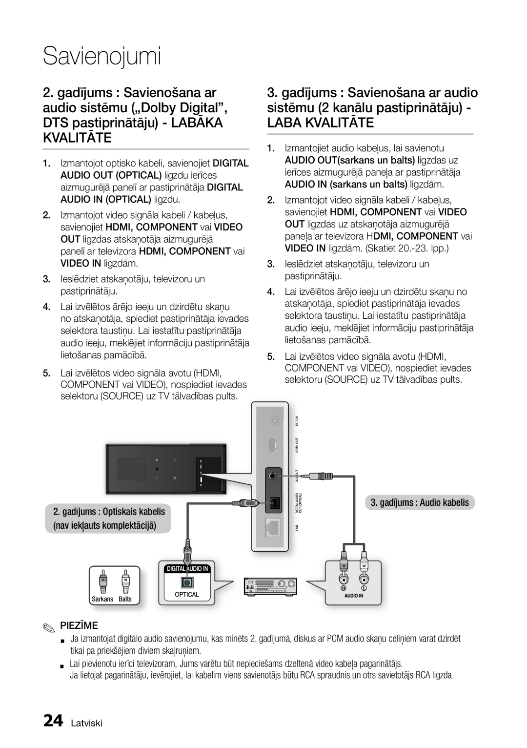 Samsung BD-D7500/EN manual Laba Kvalitāte, Gadījums Audio kabelis 