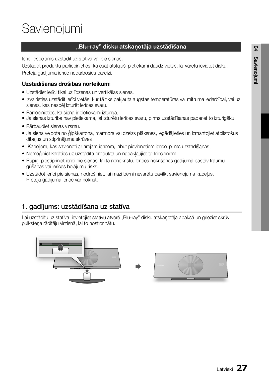 Samsung BD-D7500/EN manual Gadījums uzstādīšana uz statīva, „Blu-ray disku atskaņotāja uzstādīšana 