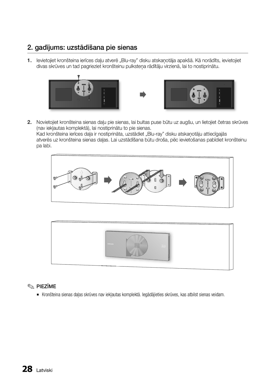 Samsung BD-D7500/EN manual Gadījums uzstādīšana pie sienas 