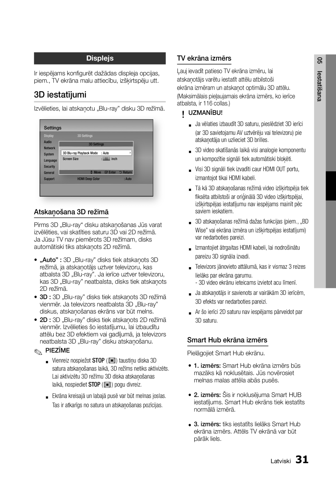Samsung BD-D7500/EN manual 3D iestatījumi, Displejs, Atskaņošana 3D režīmā, TV ekrāna izmērs, Smart Hub ekrāna izmērs 