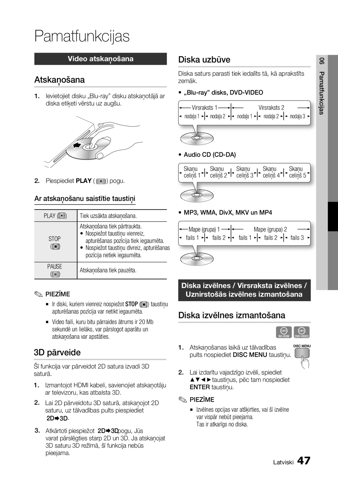 Samsung BD-D7500/EN manual Pamatfunkcijas, Atskaņošana, Diska uzbūve, 3D pārveide, Diska izvēlnes izmantošana 