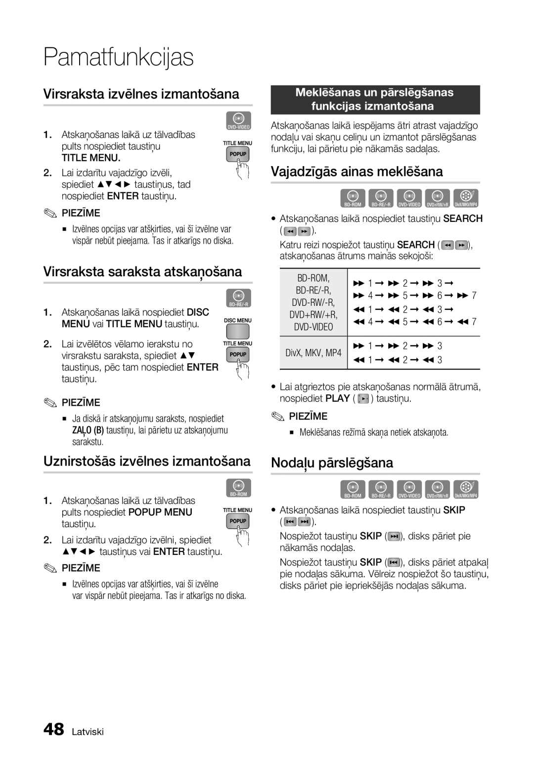 Samsung BD-D7500/EN Virsraksta izvēlnes izmantošana, Virsraksta saraksta atskaņošana, Uznirstošās izvēlnes izmantošana 